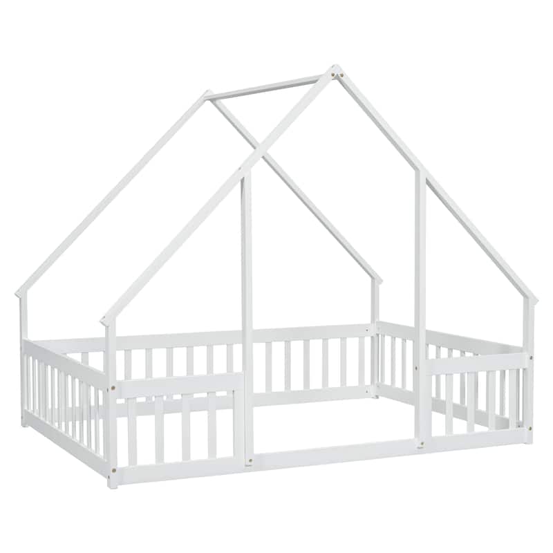 Full Size Pine Wood House-Shaped Floor Bed with Fence, Guardrails and Roof for Bedroom