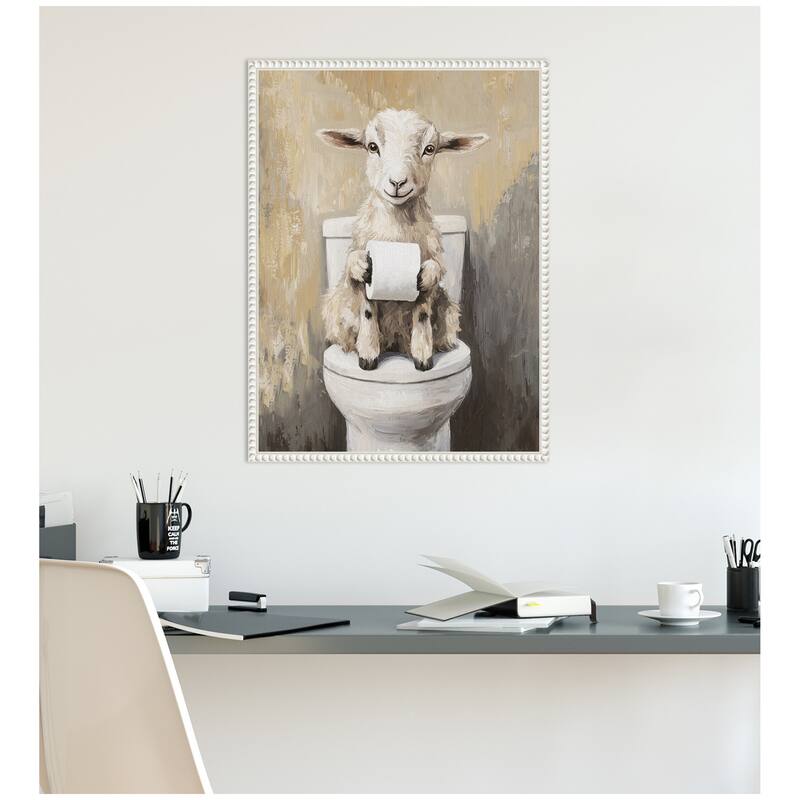 Kate and Laurel Sylvie Goat Holding Toilet Paper Roll Toilet Bathroom Art Framed Canvas by The Creative Bunch Studio