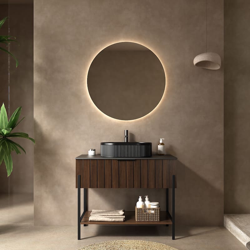 High Quality Bathroom Vanity Cabinets with Oval Basin Open Shelves - Black + Dark Walnut