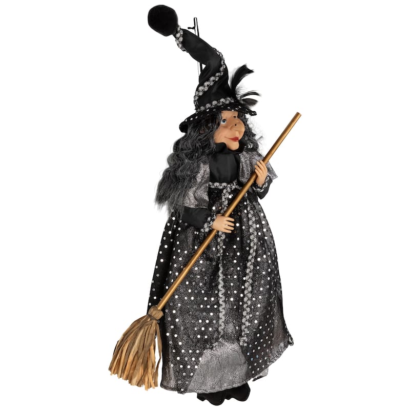 Witch with Broom Hanging Halloween Decoration - 18" - Black and Silver
