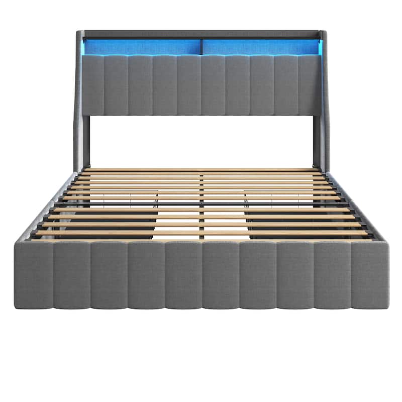 Full Size Bed Frame with LED Lights and 4 Storage Drawers for Master Bedrooms, Guest Rooms - Upholstered Design