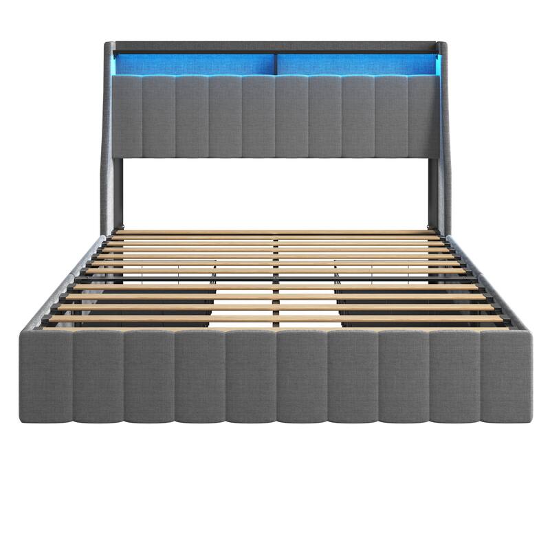 Light Grey Full Size Bed Frame with RGB LED Lights, 4 Storage Drawers & Headboard Shelves