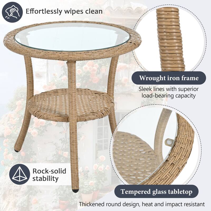 All Weather Outdoor Leisure Conversation Set, PE Rattan Single Chairs Set of 2 with A Glass Round Table