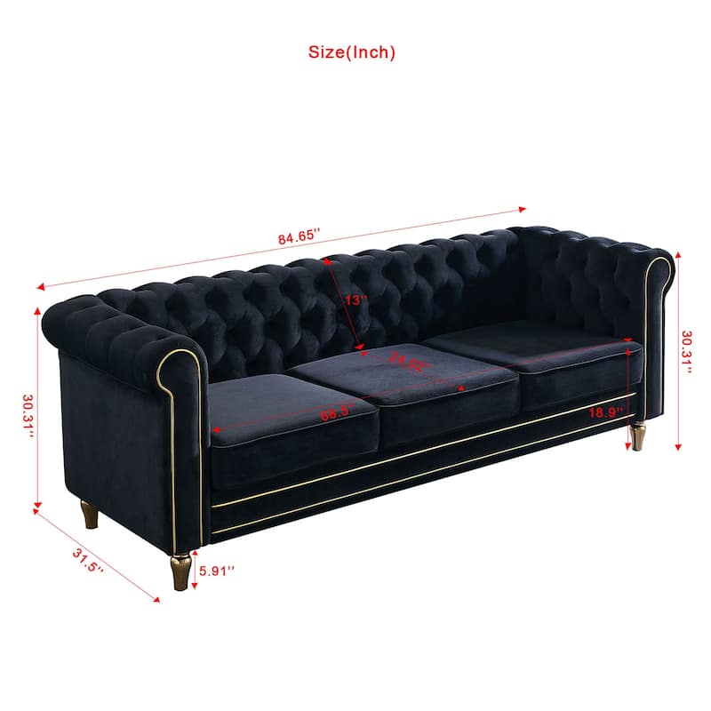 Rolled Arm Chesterfield Velvet Sofa - 84.65" High-Density Foam, Electroplated Legs - Elegant Living Room Accent