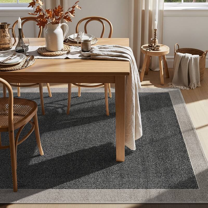 Modern Geometric Stripe Bordered Area Rug for Living Room, Bedroom, or Entryway - Low Pile Indoor Rug