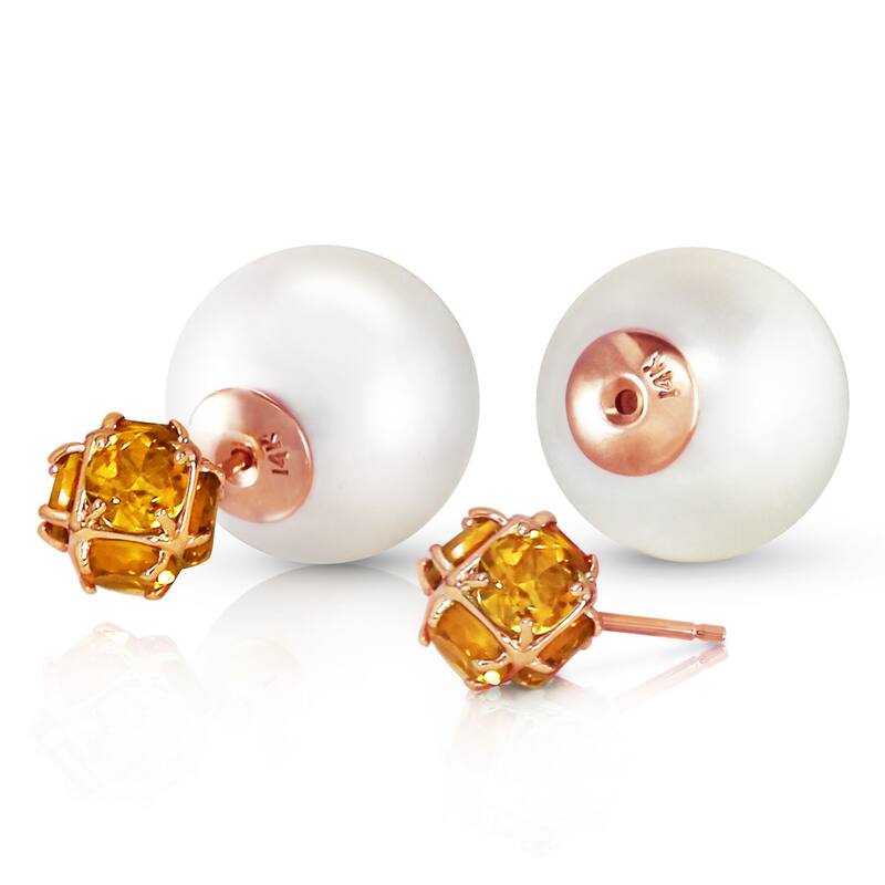 14K Solid Gold Tribal Double Shell Pearls And Citrines Stud Earrings