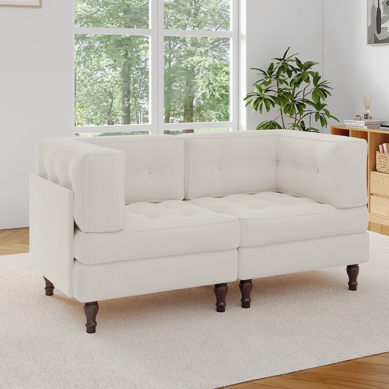 Modular Corduroy Corner Sectional Sofa Couch Set with Tufted Cushion - Beige