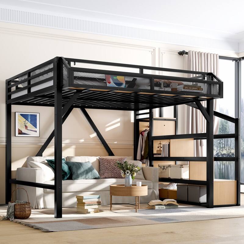 Queen Size Loft Bed with Storage Staircase & Open Wardrobe, Metal Kids Teens Bed Frame with Charging Station & LED Light