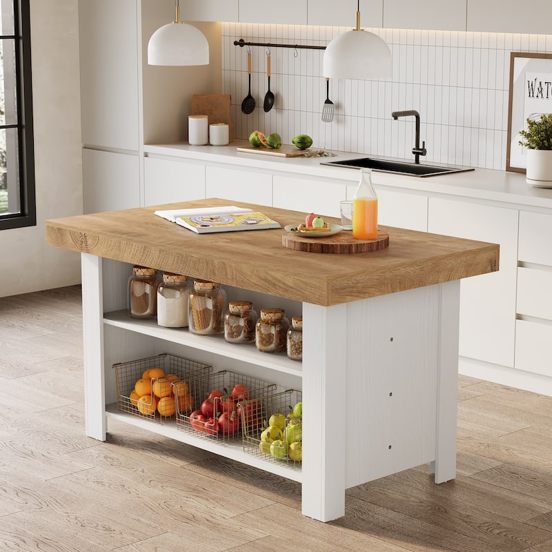55" Kitchen Island with Storage, Farmhouse Counter Height Bar Table