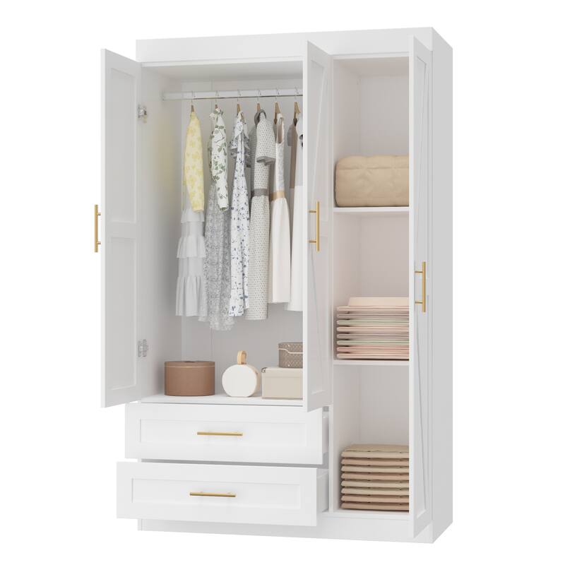 Classic Three-Door Wardrobe,Wood Bedroom Armoire with Hanging Rod and Shelves,Spacious Storage Closet,Modern Farmhouse Design