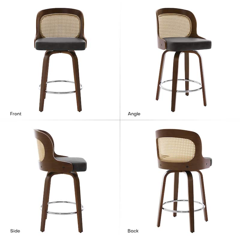 26" Upholstered Swivel Counter & Bar Stool with Rattan Back - 37.4"H x 19.09"W x 19.88"D