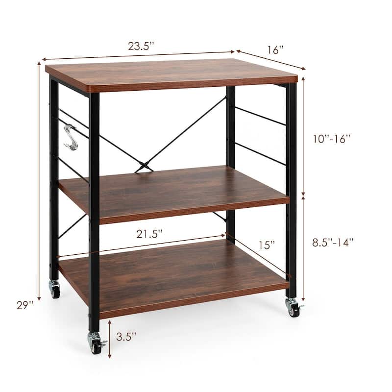 3-Tier Kitchen Baker's Rack Microwave Oven Storage Cart with Hooks - 23.5" x 16" x 29" (L x W x H)
