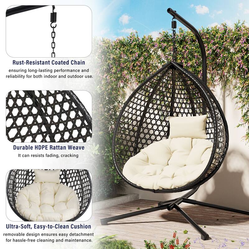 Sturdy Hammock Chair with Stand, Rattan Hanging Egg Chair with Soft Removable Cushion Swing Chairs for Balcony