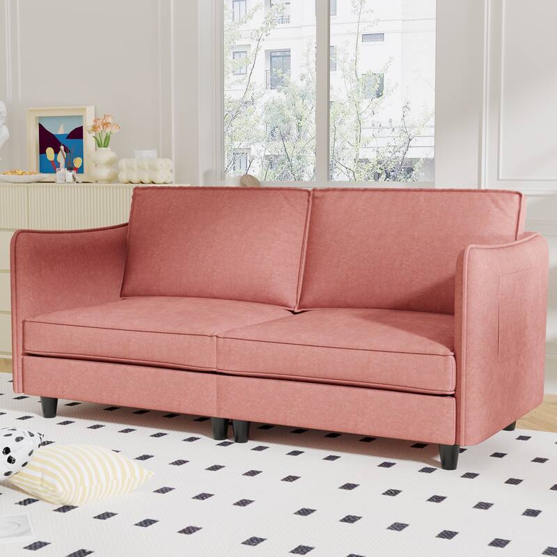 Simple Sofa Couch Loveseat with Side Storage Pockets, 2-Seater Settee Wood Sofa Couch with Wood Frame