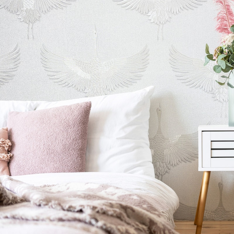 Galerie Wallcoverings Kumano Textured Stork Design Vinyl on Non-woven Pearlescent Wallpaper Roll