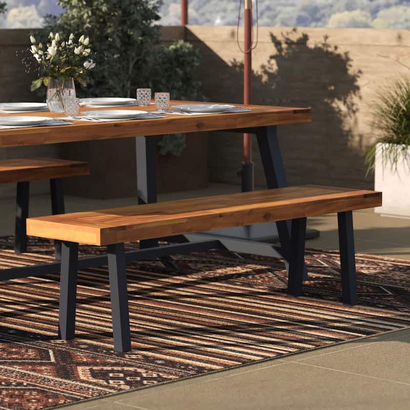 Indoor/Outdoor Solid Acacia Wood Slat Top Bench with Wood Legs