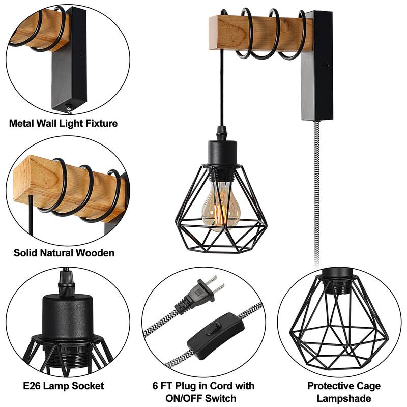 Modern Plug in Wire Wood Cage Black Wall Lamp- Industrial Rustic Retro Pendant Lamp With Adjustable Hanging Wall Lights Fixture