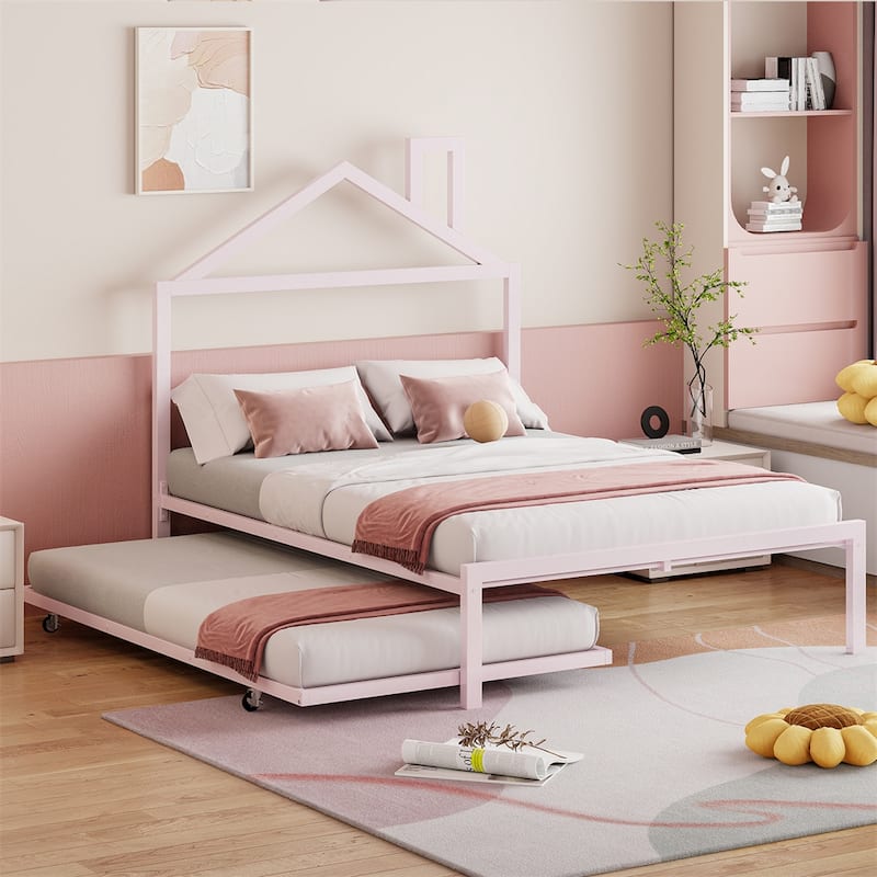 Full Size House Shaped Metal Platform Bed with Trundle