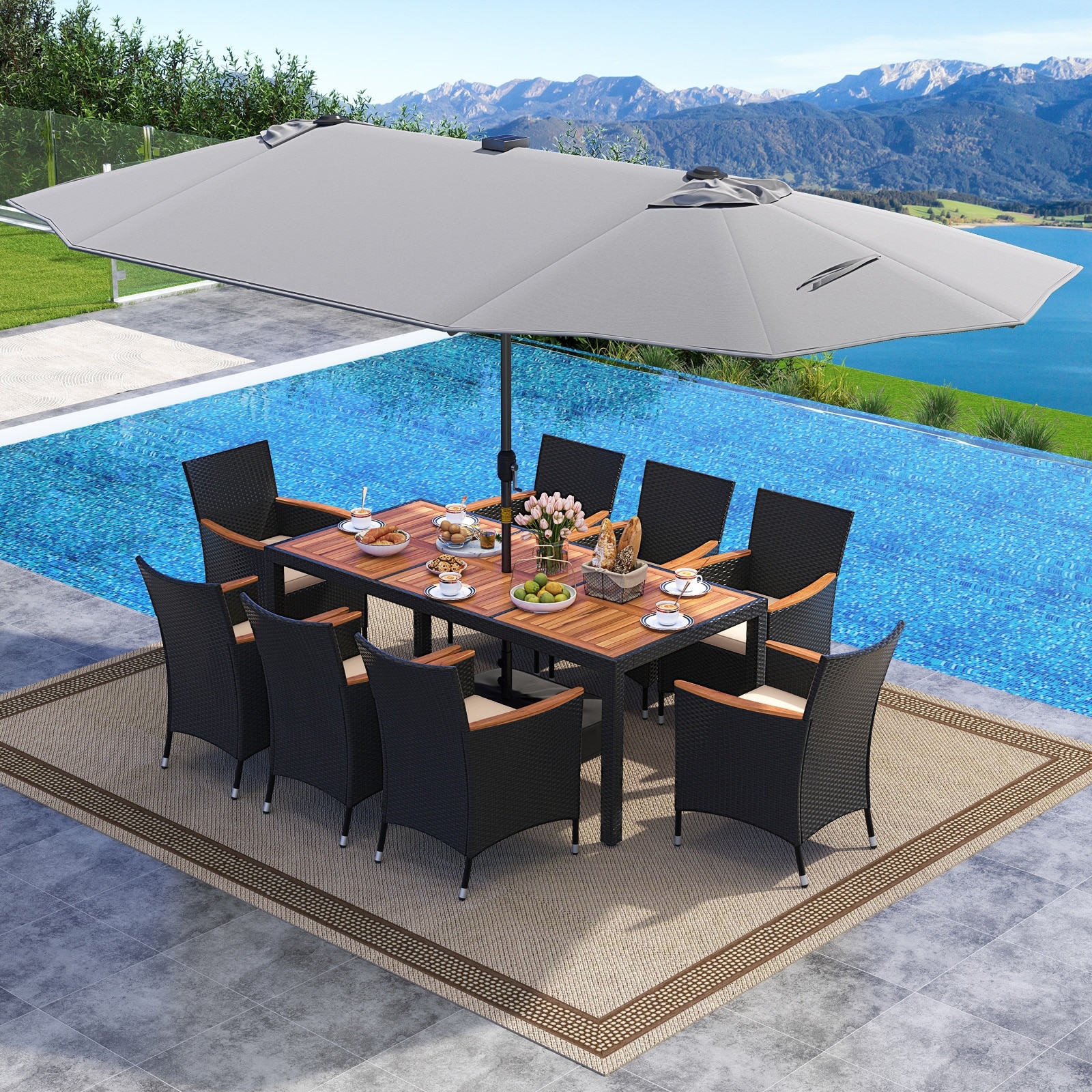Gymax Set Of 11 Patio Dining Set w/ 15ft Double-Sided Patio Umbrella
