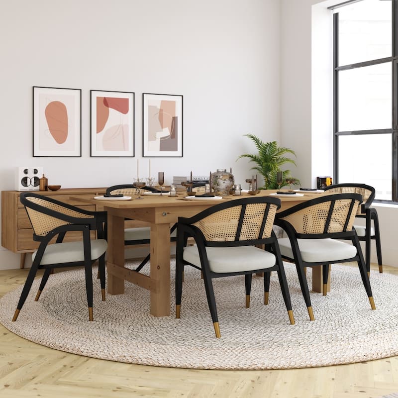 Cane Rattan Woven Back Dining Chair with Upholstered Seat