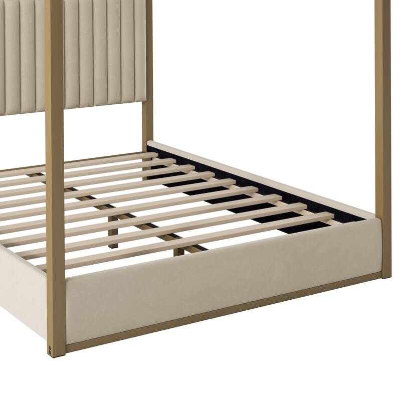 Queen Size Upholstered Canopy Bed, Metal Four Poster Platform Bed Frame with Vertical Striped Headboard, Wooden Slat Support
