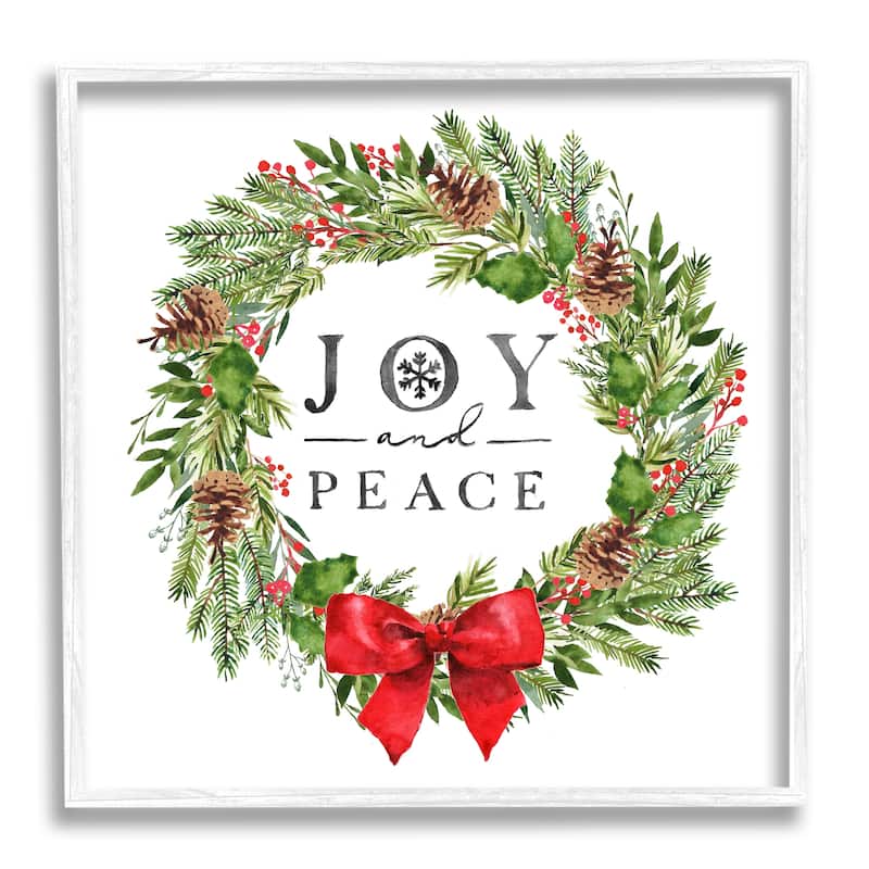 Stupell Joy and Peace Holiday Phrase Winter Pine Wreath Framed Wall Art - Green