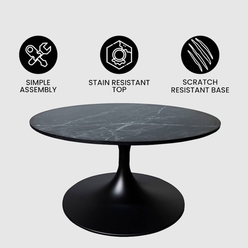 LeisureMod Verve 27" Round Coffee Table with MDF Wood TableTop and Black Steel Base for Living & Bedroom