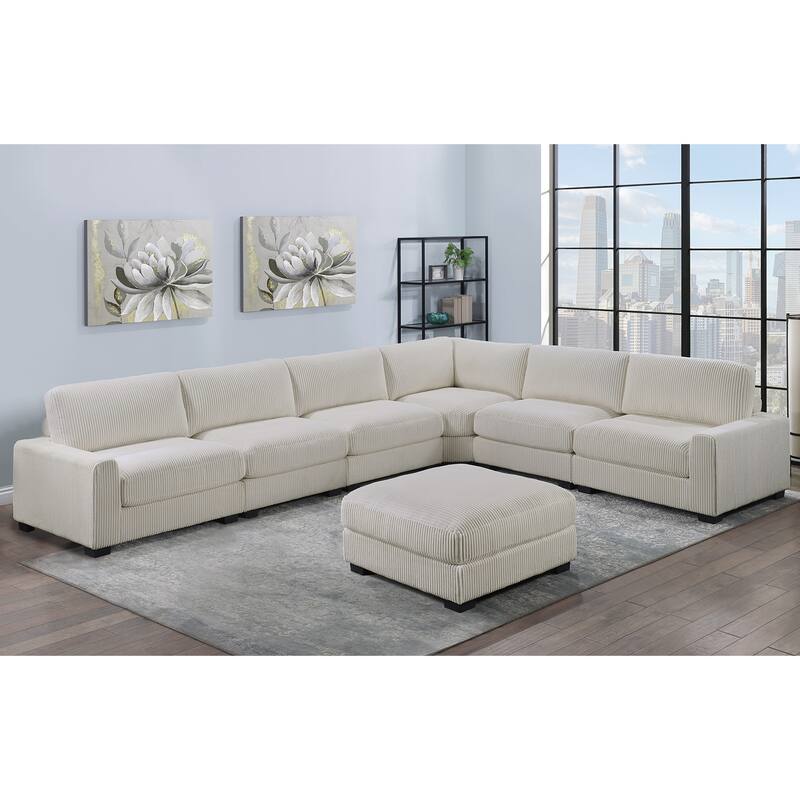7 Piece Corduroy Upholstered L-shape Modular Sectional Sofa with Ottoman