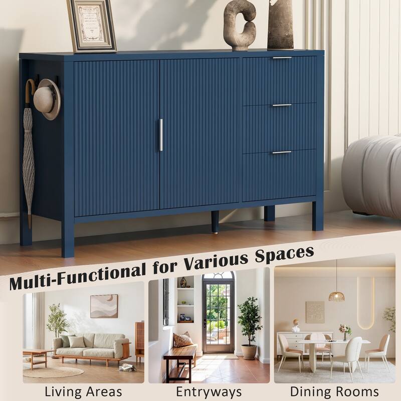 Modern Large Storage Buffet Cabinet with 3 Drawers and Wave-Pattern Doors, Sideboard with Hooks and Extra Center Leg