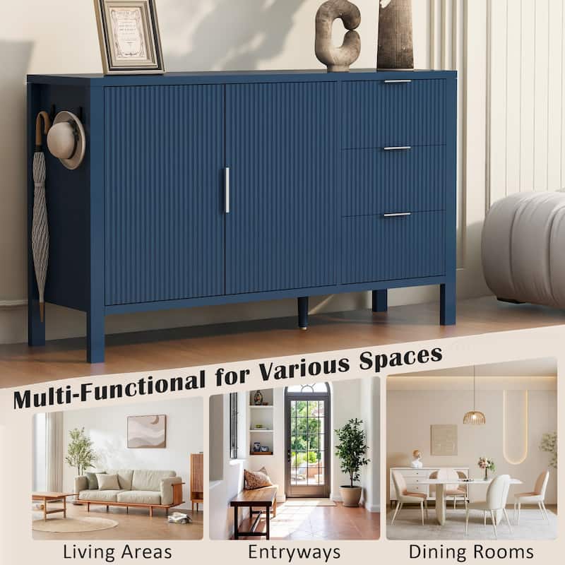 Wave-Pattern Sideboard with Hooks, 2 Doors & 3 Drawers, Large Capacity Buffet Cabinet, Storage Cabinet with Adjustable Shelf