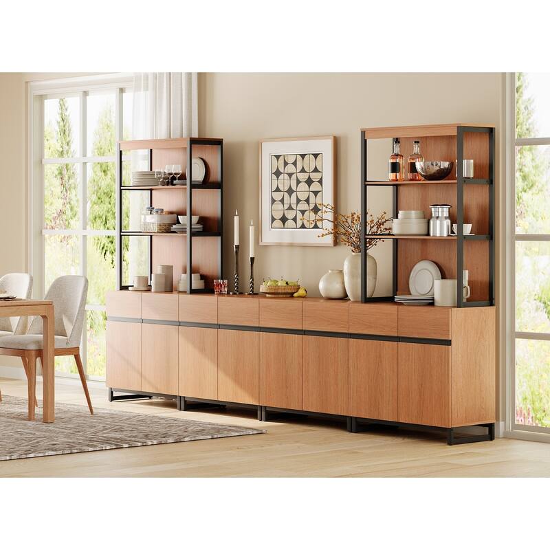 WAMPAT Modern TV Stand with 3 Tiers Bookshelf, Farmhouse Entertainment Center with 4 Large Storage Cabinets and Adjustable Shelf