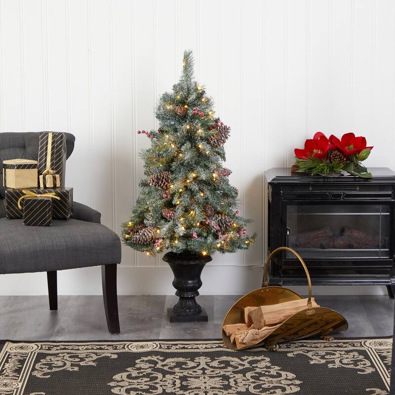 4ft. Frosted Pine, Pinecone & Berries Artificial Christmas Tree with 100 Clear LED Lights in Decorative Urn - Petite X-Mas Tree