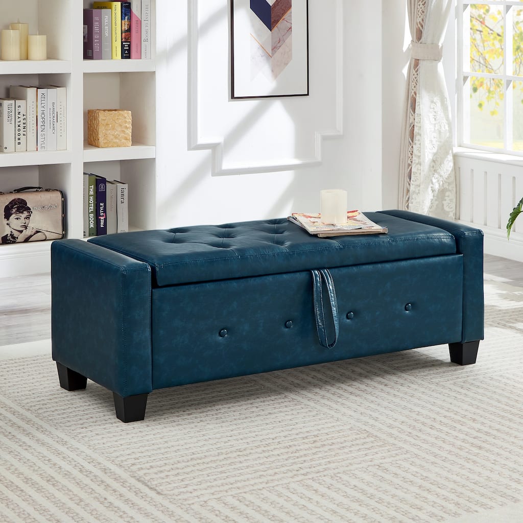 Bedroom End of Bed Bench Storage Bench with Wood Legs, Leather Bench Upholstered Bench Blue Dining Bench