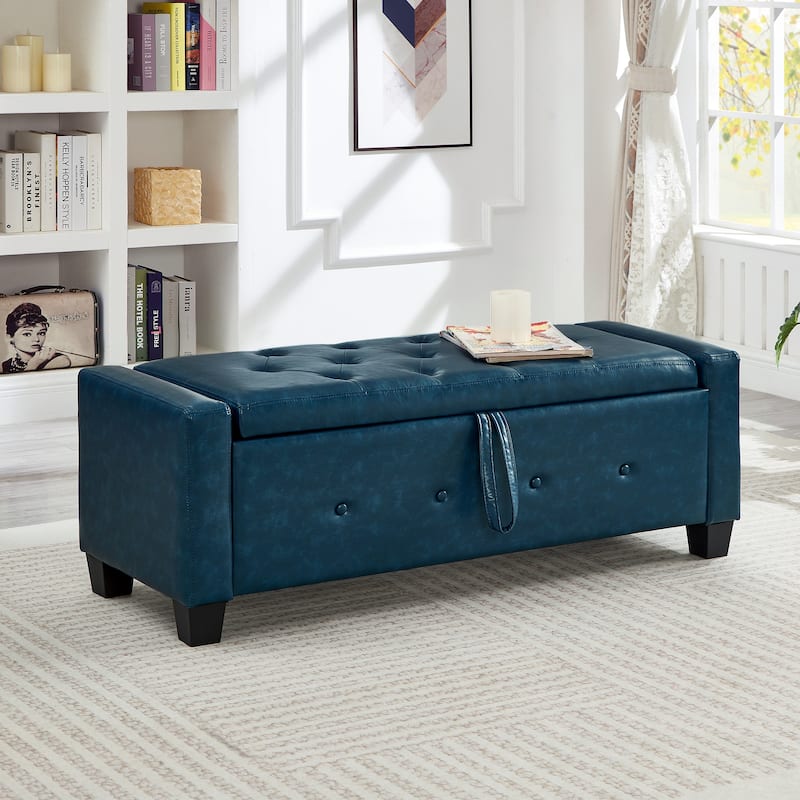 Ottoman Bench with Storage, Tufted Upholstered Storage Bench, PU Leather Rectangle Entryway Bench for Bedroom, Living Room - Blue