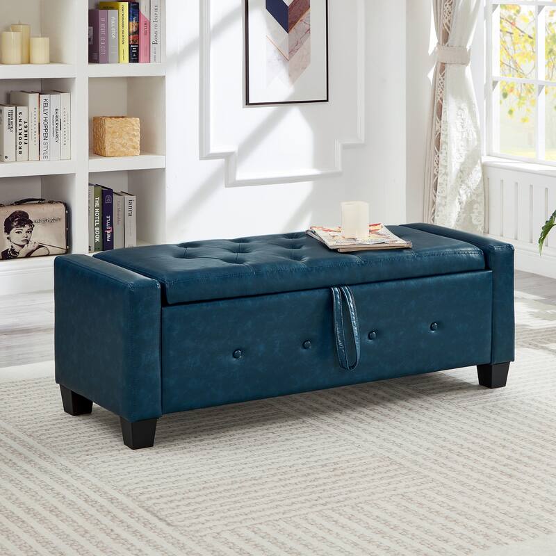 Tufted Faux Leather Storage Ottoman Bench for Bedroom, Living Room & Hallway, 48" Multifunctional Upholstered End of Bed Bench