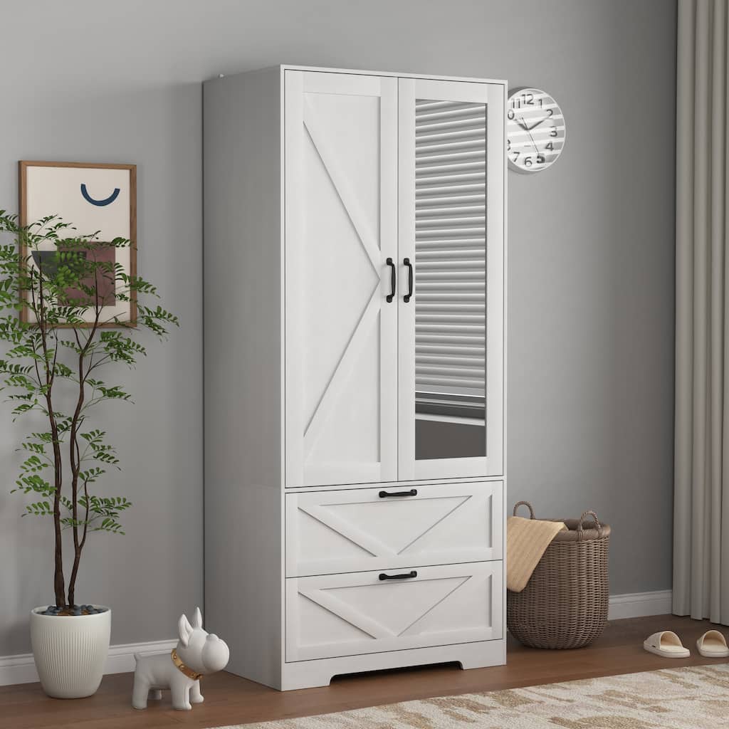 2 Door Wood Wardrobe with Hanging Clothing Rod inside the Cabinet and 2 Drawers, Multifunctional Closet with Mirror