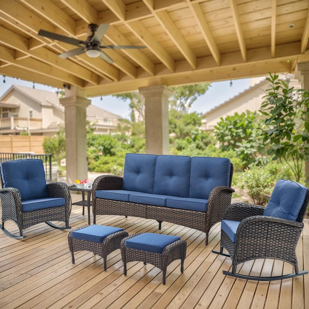 6 Pieces Rocker Chairs Sofa Table Ottomans Brown-Blue - Brown