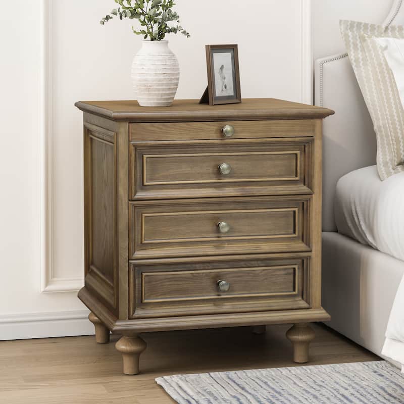 Nightstands with 4 Drawer,Wood Storage End Table with Hidden Pull-Out Shelf, with 4 Solid Wood Feet and Metal Handle