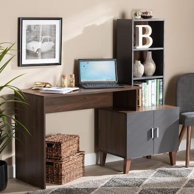 Modern Wood Desk with Shelves - Two-Tone Walnut & Grey Storage Desk