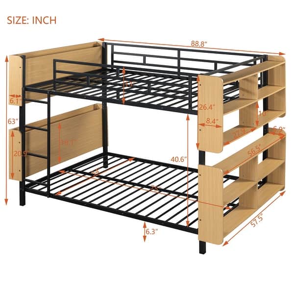 Full Over Full Size Metal Convertible Bunk Bed Frame w/ Unique Storage Headboard & Shelves, Black Detachable Iron Bed for Teens