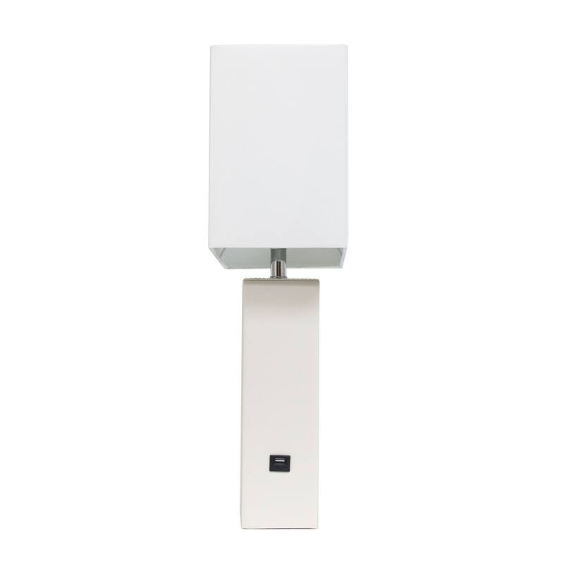 Modern Leather Table Lamp with USB and White Fabric Shade