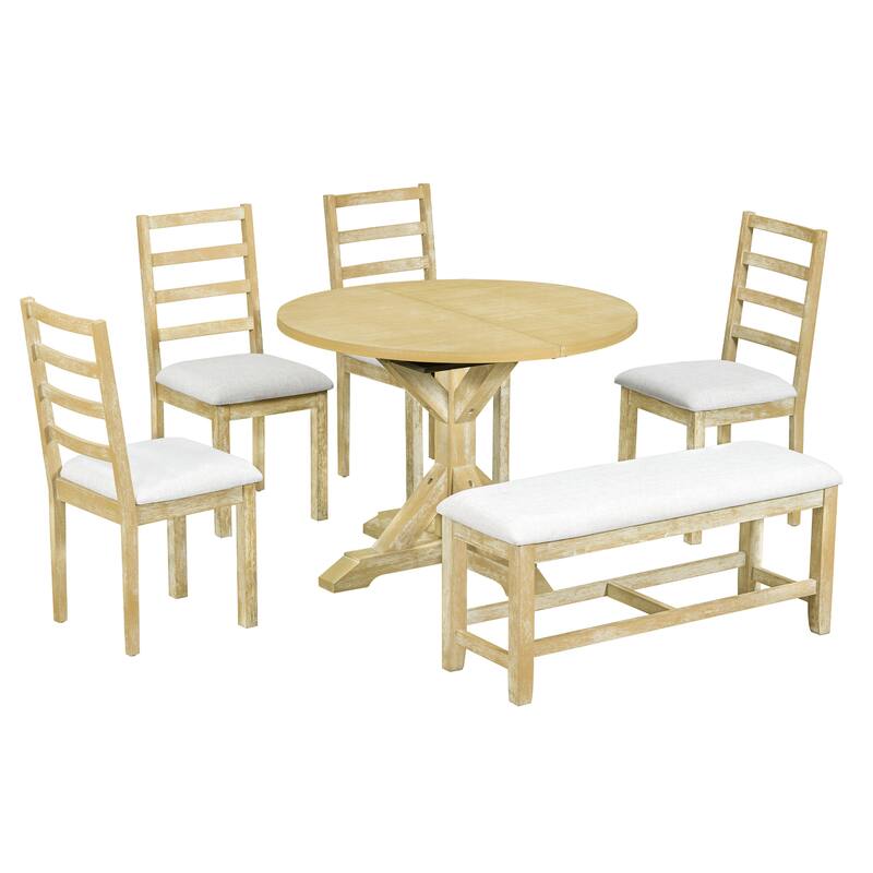 Farmhouse 6-Piece Extendable Dining Table Set with Removable Leaf and Versatile Dining Bench