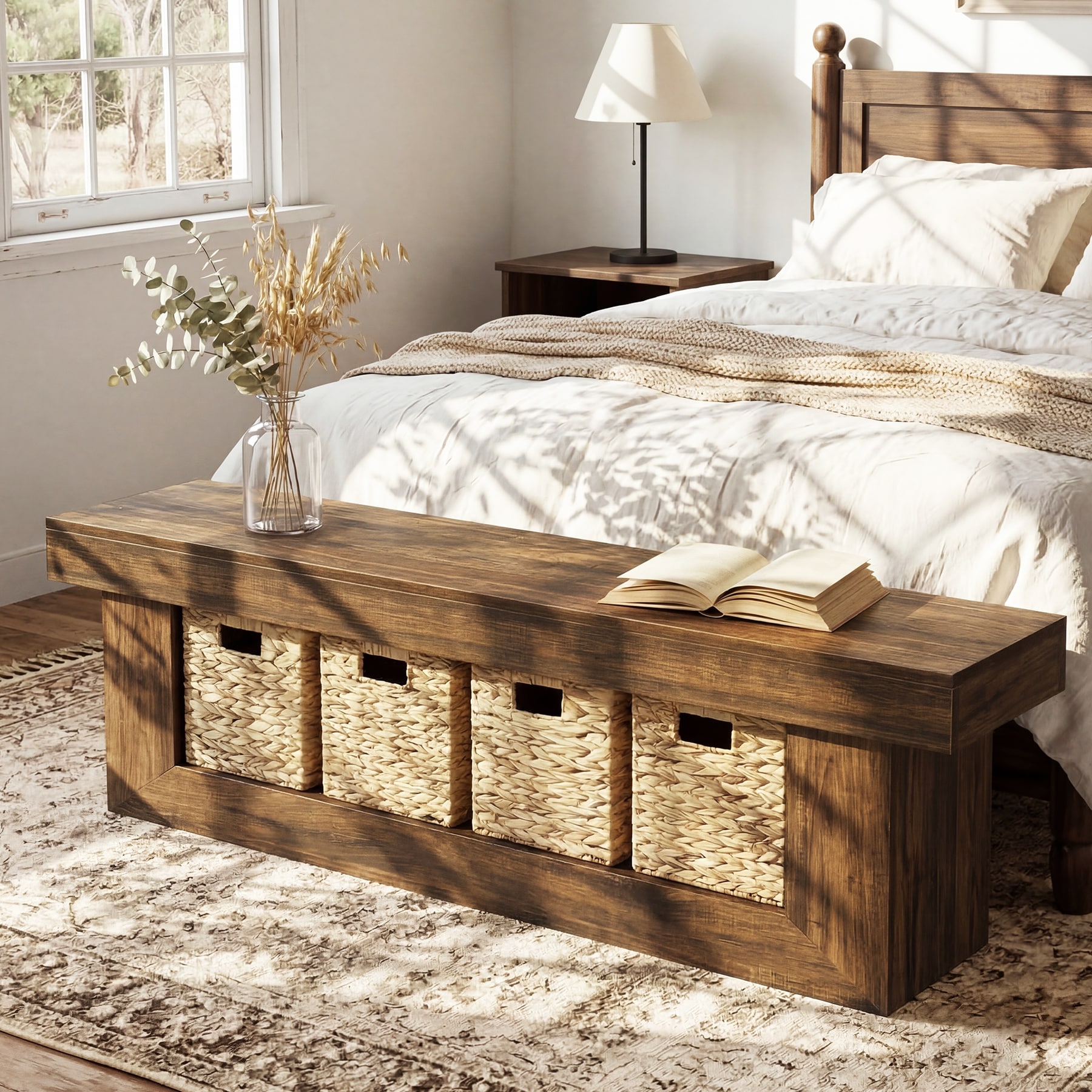 63" End of Bed Bench, Rustic Wooden Storage Bench with 4 Baskets