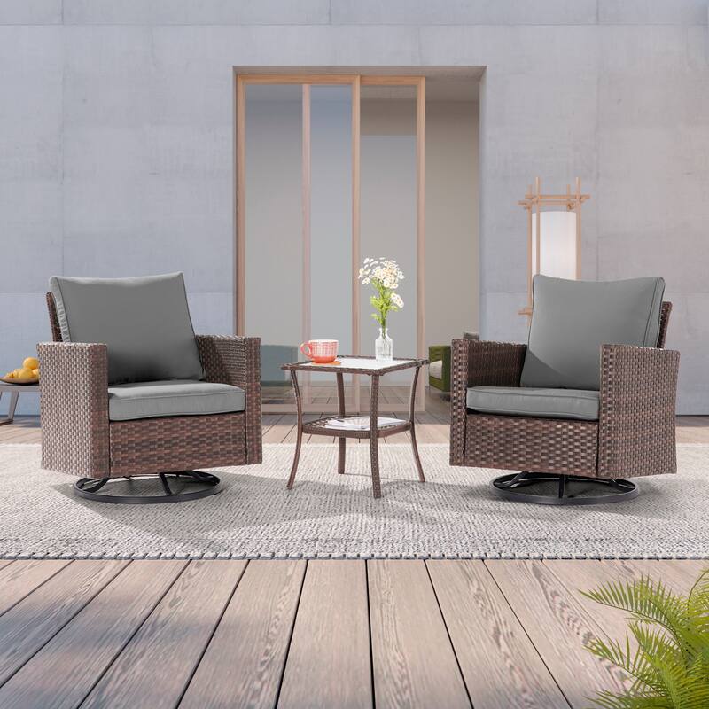 LIVOOSUN 3-Piece Patio Sofa Set Brown Rattan Swivel Rocking Chair Glass Table - Grey