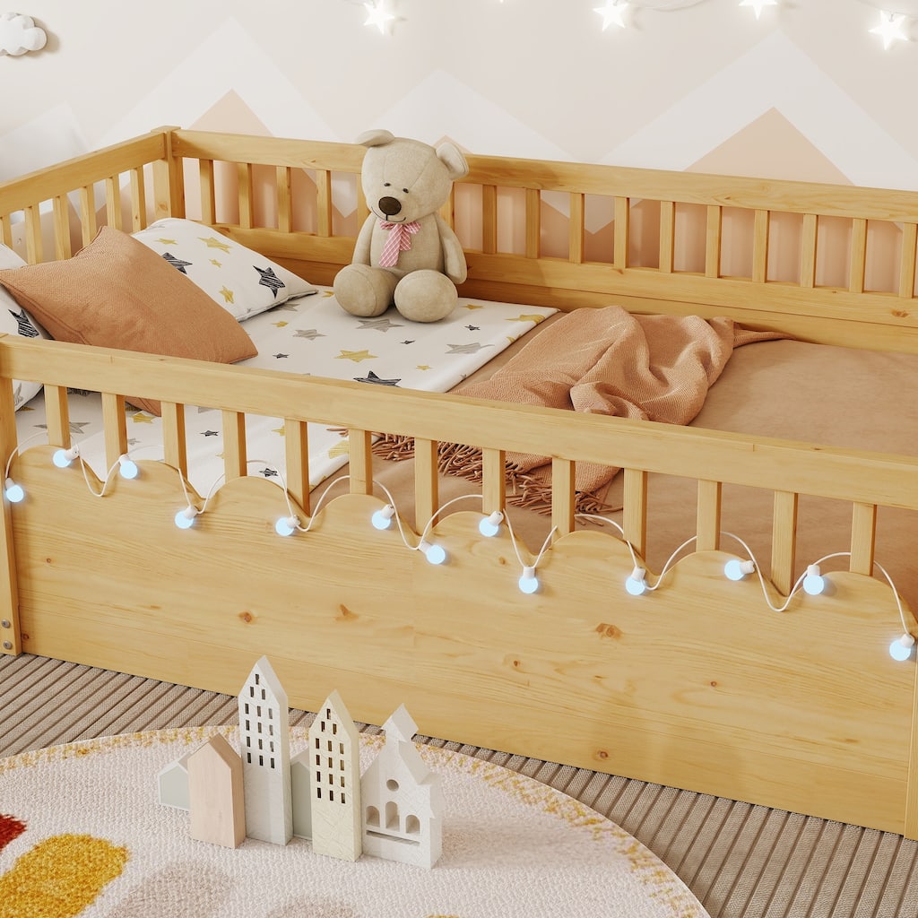 Full Size Toddler Floor Bed Fence Bed with Guardrails, Natural