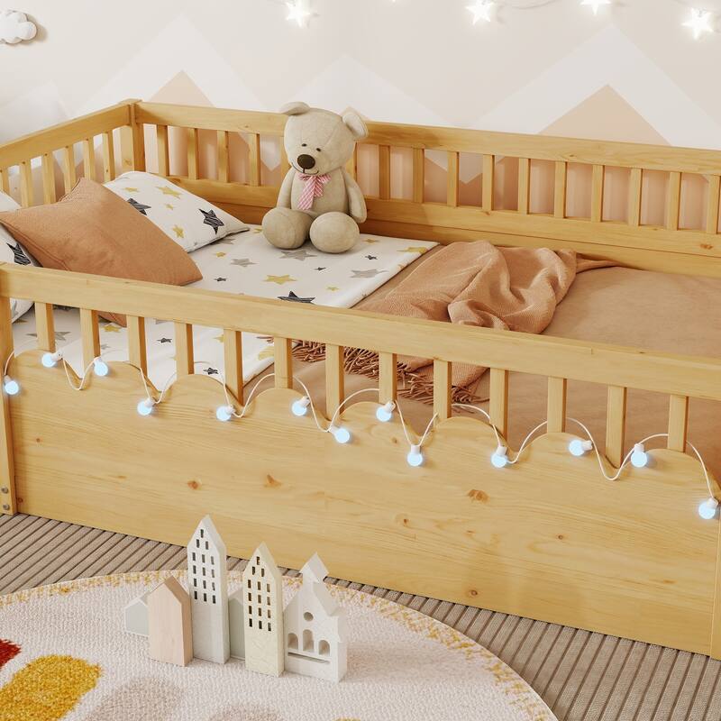 Wooden Kids Montessori Floor Bed with LED Light and Storage Shelf, No Slats