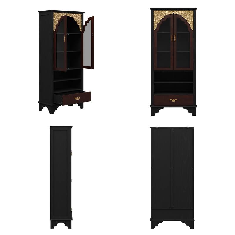 Asian Style Display Cabinet with Glass Doors Accent Curio Cabinet with Drawer Solid Wood and Tempered Glass Storage Shelf