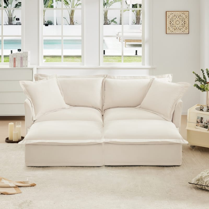 Modern 2 Seater Upholstered Sofa with 2 Ottomans and 2 Pillows