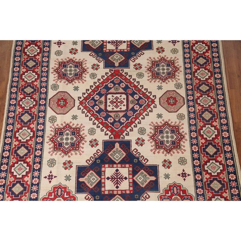 Ivory Geometric Kazak Area Rug Handmade Wool Carpet - 6'8" x 9'6"