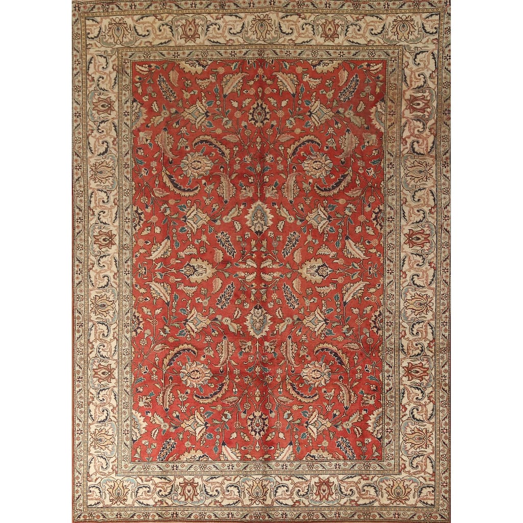 All-Over Floral Tabriz Persian Vintage Rug Hand-Knotted Wool Carpet - 6'8" x 9'4"